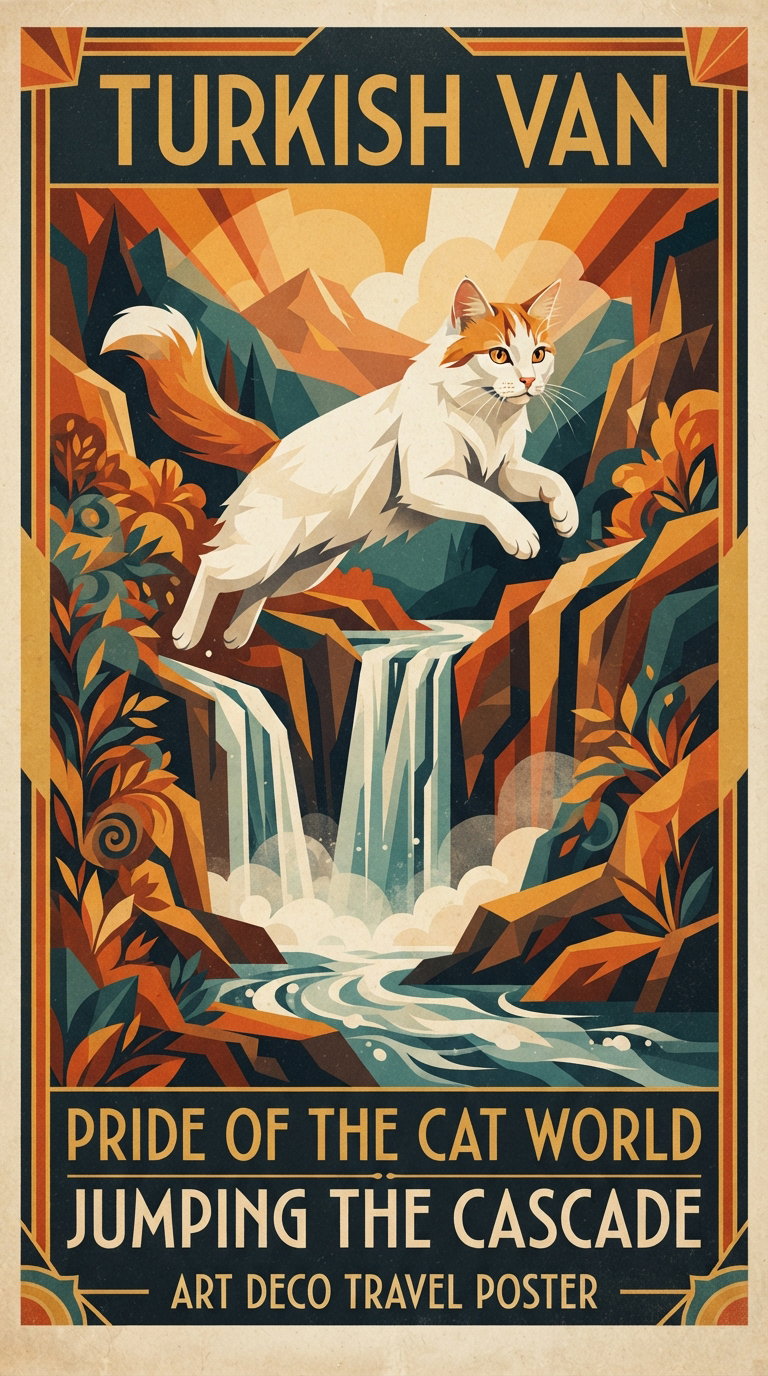 A stylized illustration of a Turkish Van cat leaping over a waterfall in a mountainous landscape, designed in an Art Deco style.
