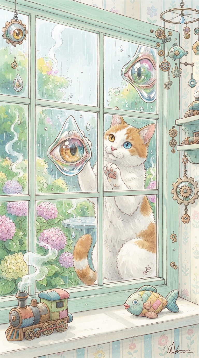 A fluffy white and orange cat gazes through a rainy window, reaching for teardrop shapes resembling eyes, with colorful flowers outside and a vintage toy train on the windowsill.