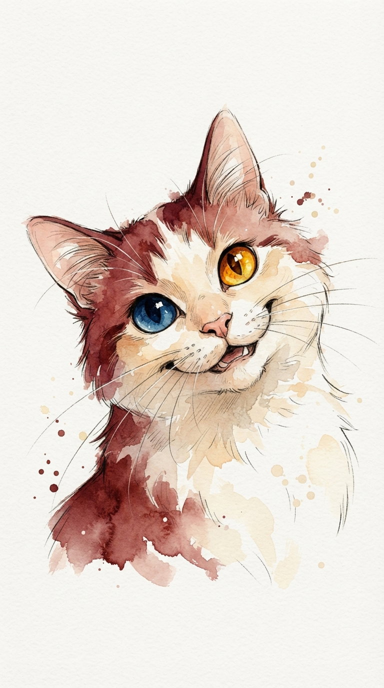 A watercolor painting of a cat with patchy brown and white fur, one blue eye and one orange eye, displaying a cheerful expression.