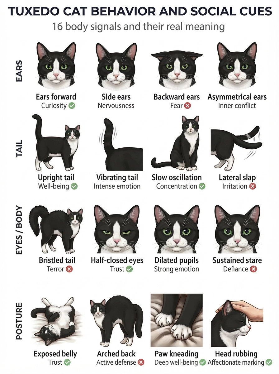 An infographic featuring illustrations of tuxedo cats depicting various body signals and their meanings. Each cat illustration showcases different ear positions, tail movements, eye and body postures, with descriptions explaining their significance.