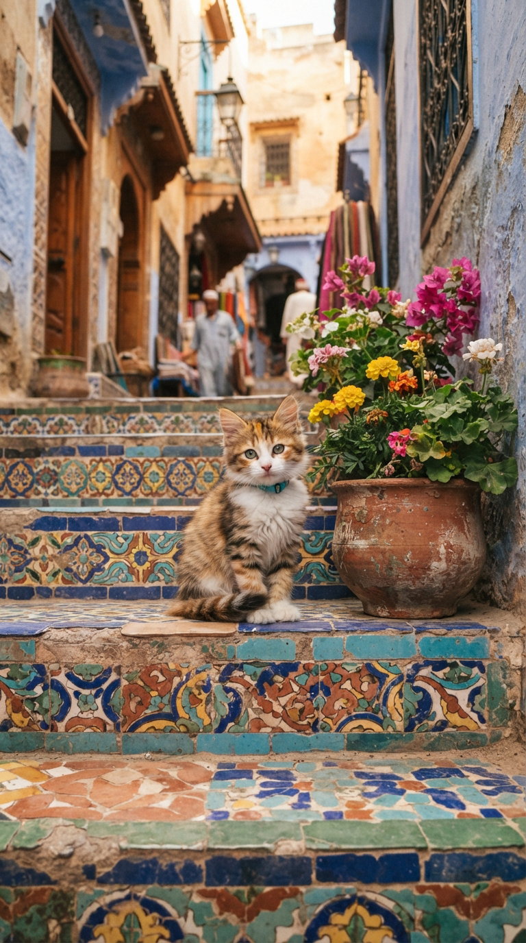 A fluffy kitten sitting on a colorful tiled staircase in a narrow street, with vibrant flowers in a clay pot nearby.
