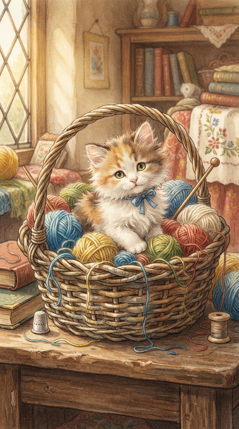 A cute kitten with a calico coat sitting in a woven basket filled with various colored yarn balls, surrounded by craft supplies in a cozy room.