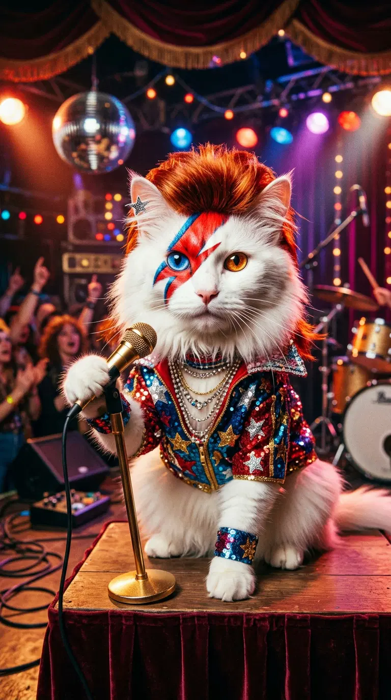 A Show-Stopping Cat Mimicking a Rock Star on Stage