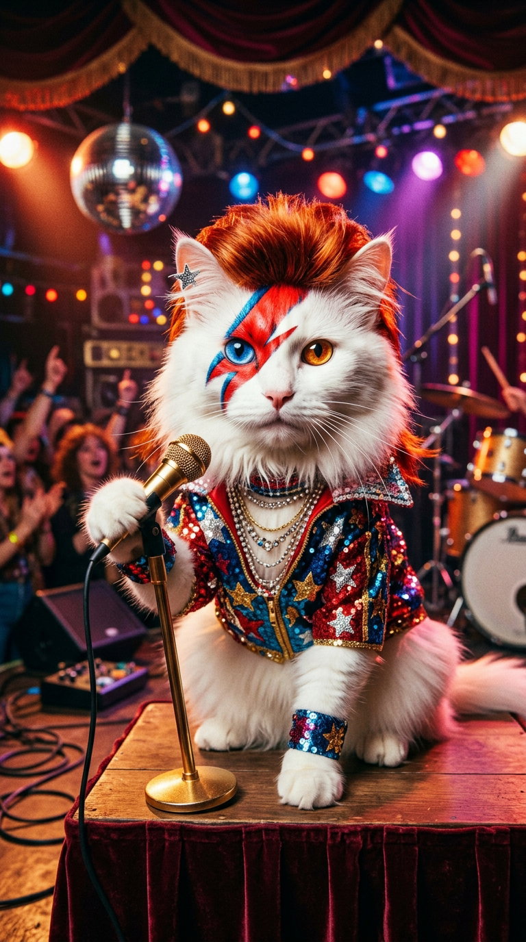 A fluffy white cat with a striking red and blue face paint, dressed in a glittery rock star outfit, holding a microphone on stage. Colorful lights and a crowd are visible in the background.