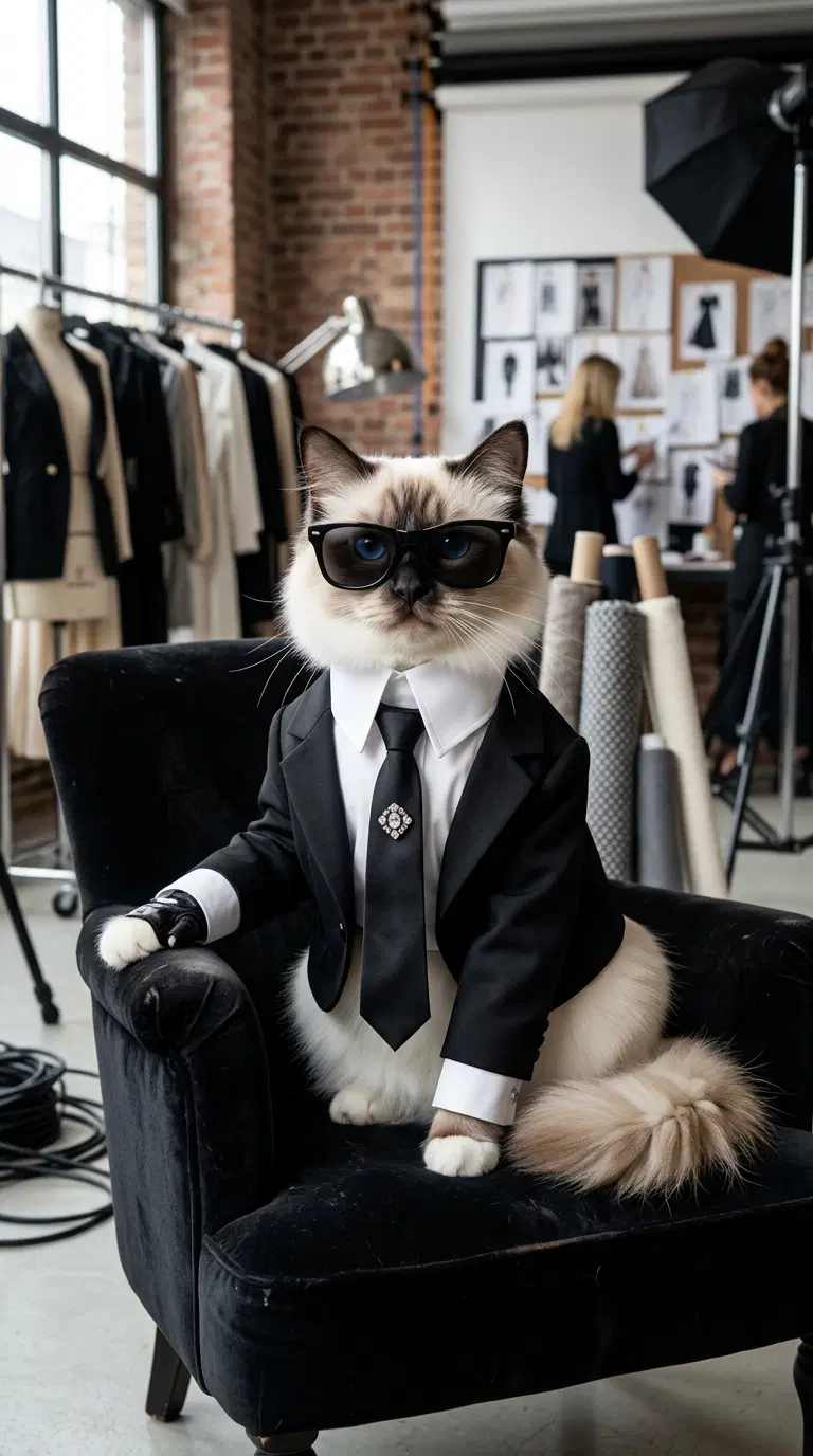 A Stylish Cat Dressed in a Suit at a Fashion Studio