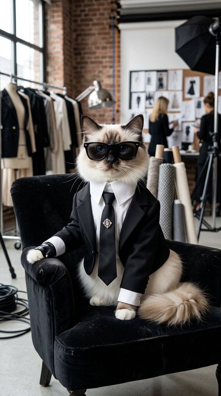 A well-groomed cat wearing sunglasses and a suit is sitting on a black chair in a fashion studio, surrounded by clothing and design materials.
