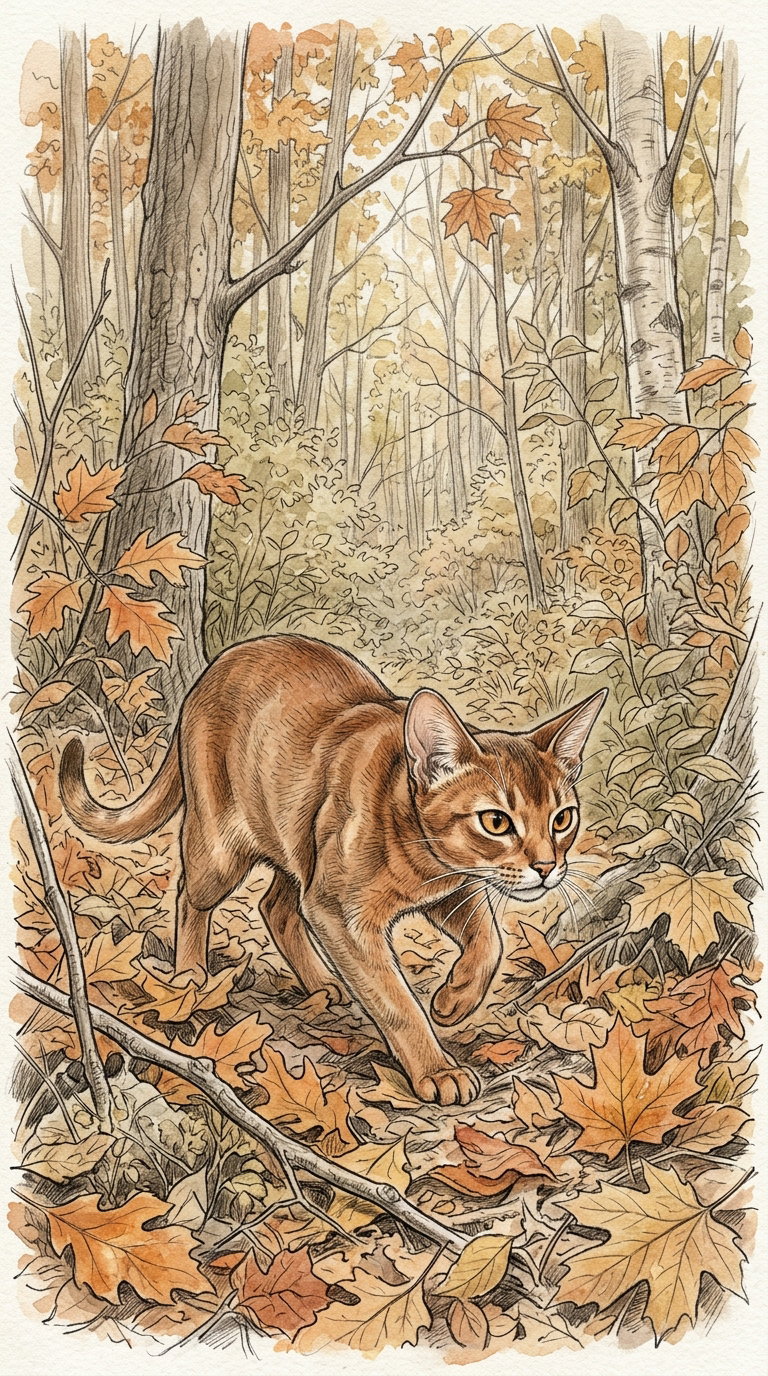 A detailed illustration of a cat walking among fallen leaves in a forest during autumn, surrounded by trees with orange and yellow foliage.