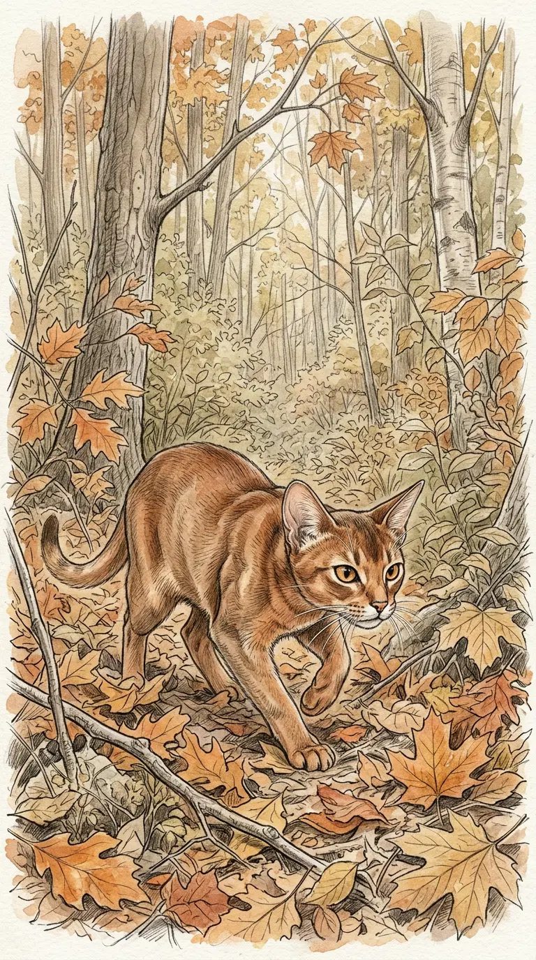 Illustration of a Cat Walking Through an Autumn Forest