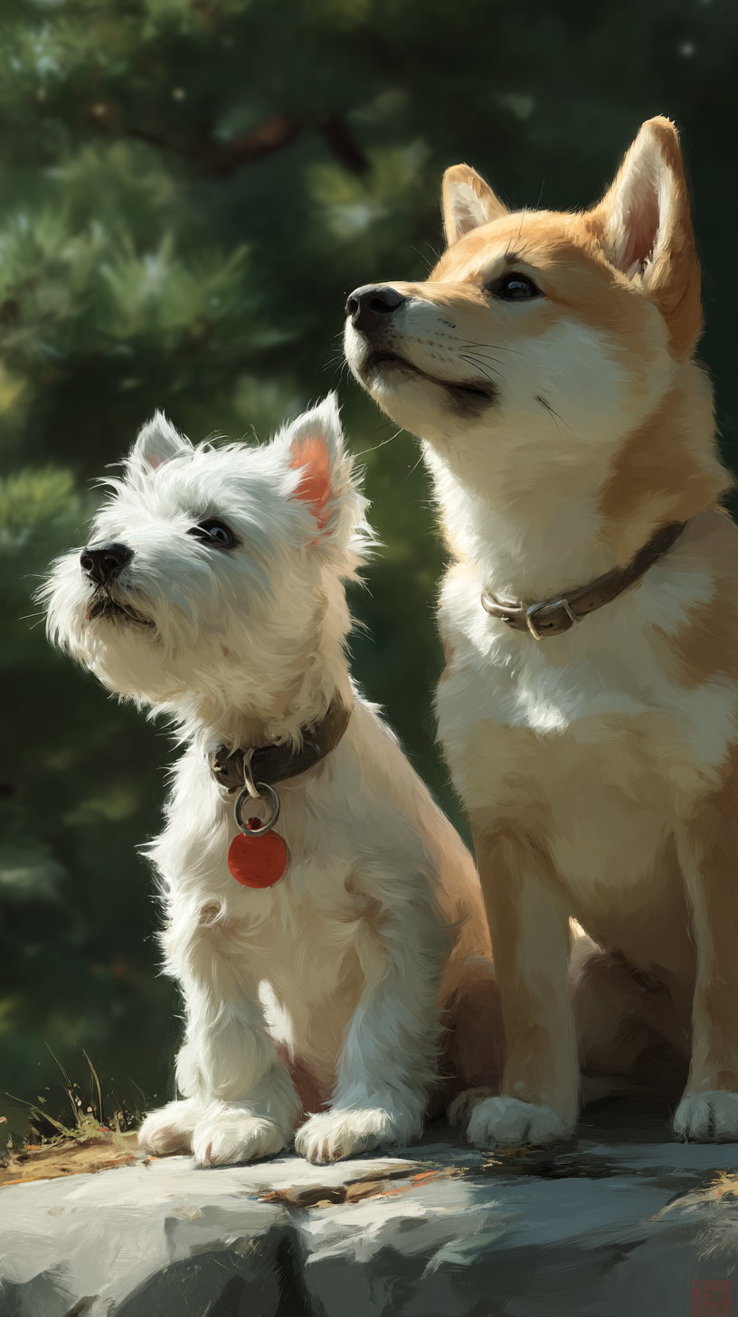 Ghibli-style puppies playing in a lush, vibrant garden