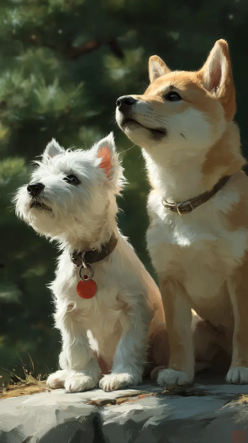 Ghibli Style Printable Wall Art of Westie and Shiba Inu