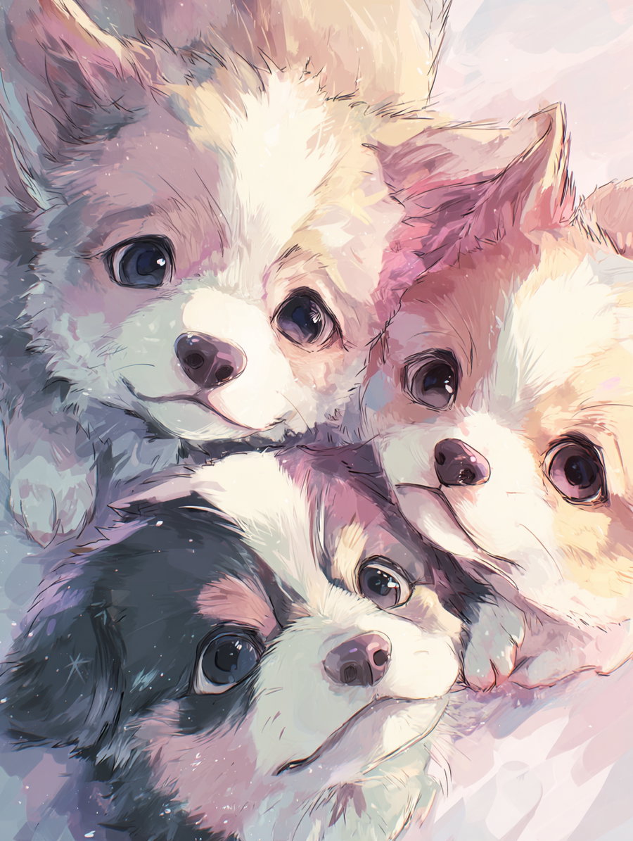 Cute anime puppies in pastel colors with expressive eyes