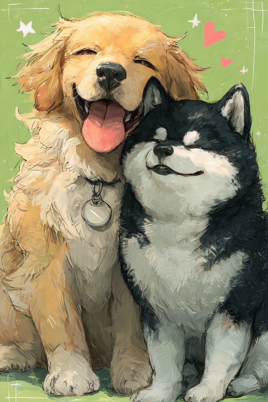 Cheerful Golden Retriever and Shiba Inu snuggling in vibrant illustration