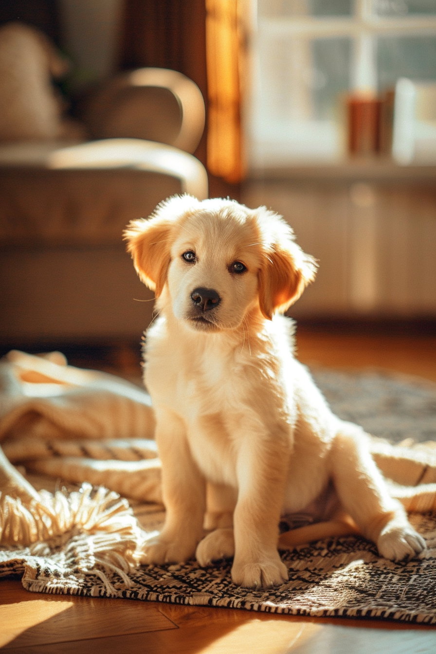 Golden retriever puppy basking in warm morning sunlight