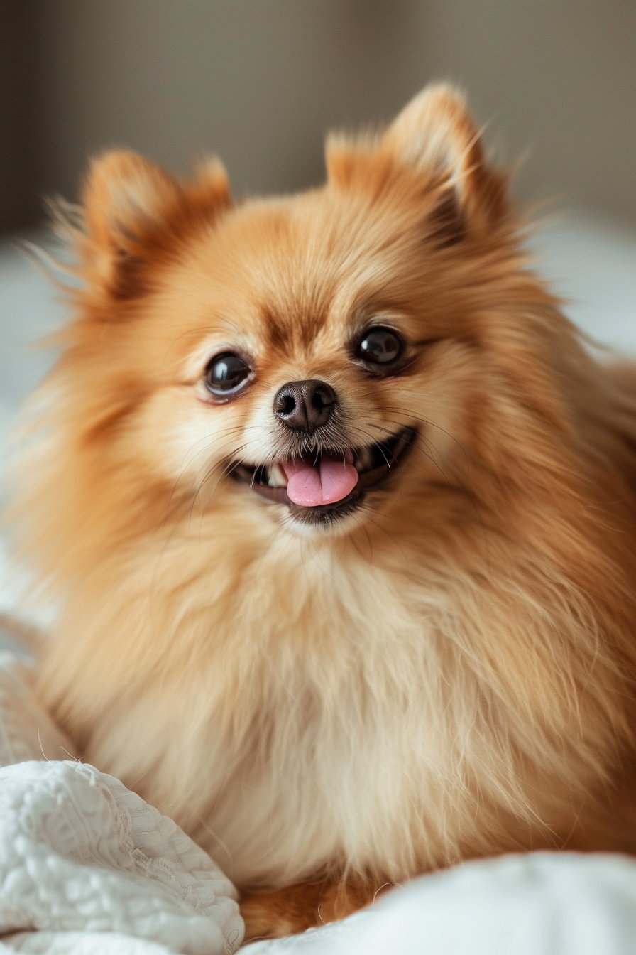 Fluffy smiling Pomeranian with tongue out in bright light
