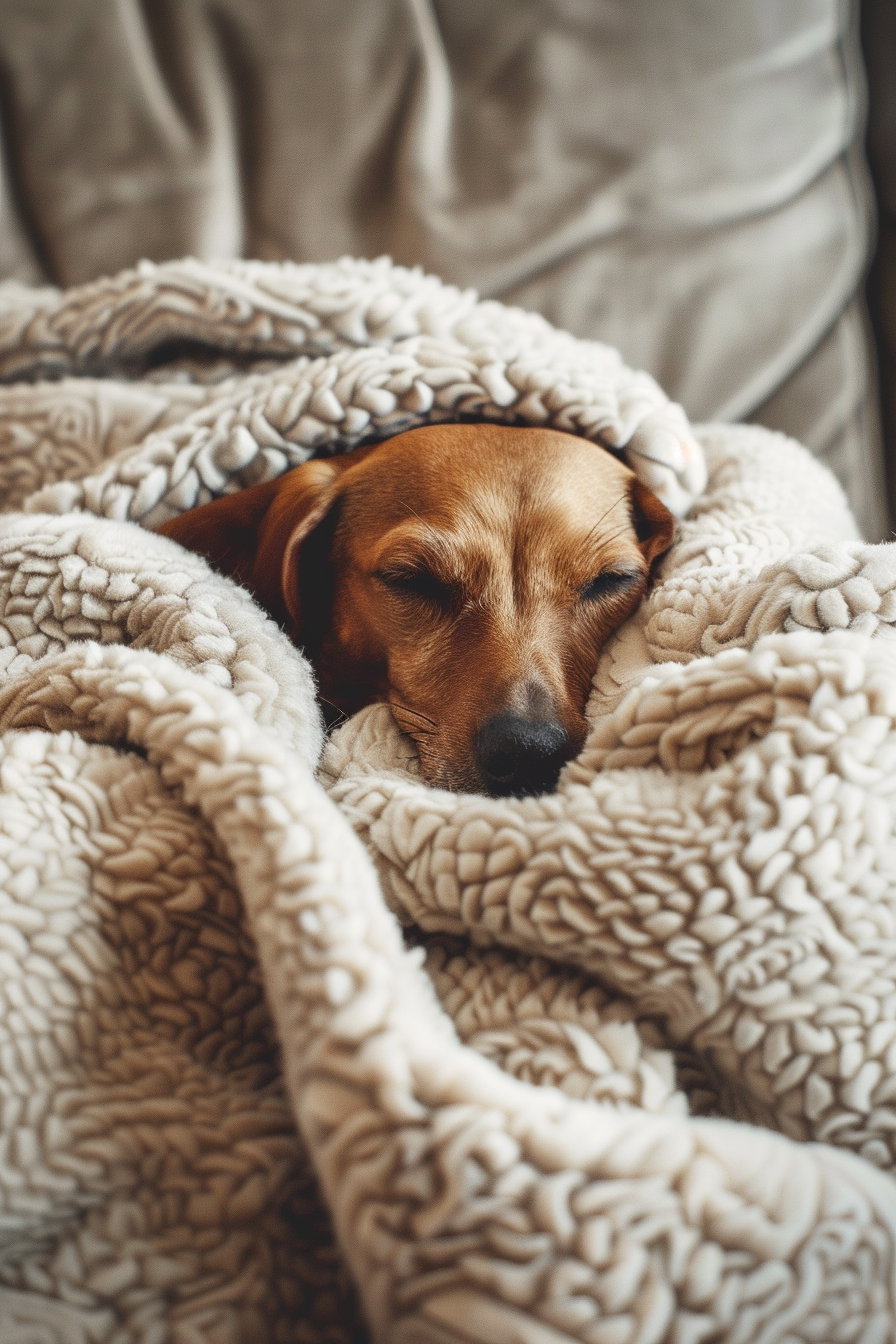 Cute dachshund snuggled in blanket on cozy couch