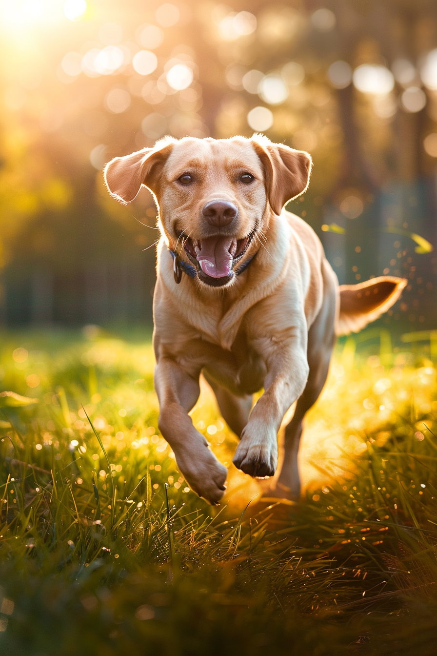 Happy Labrador running on green grass in sunlight