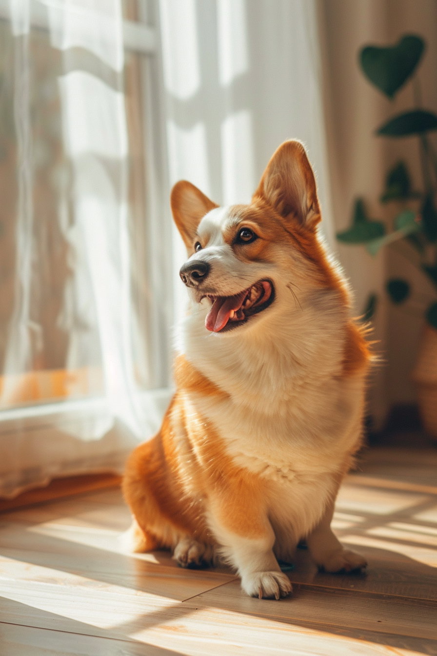 Corgi sitting on wooden floor by window light