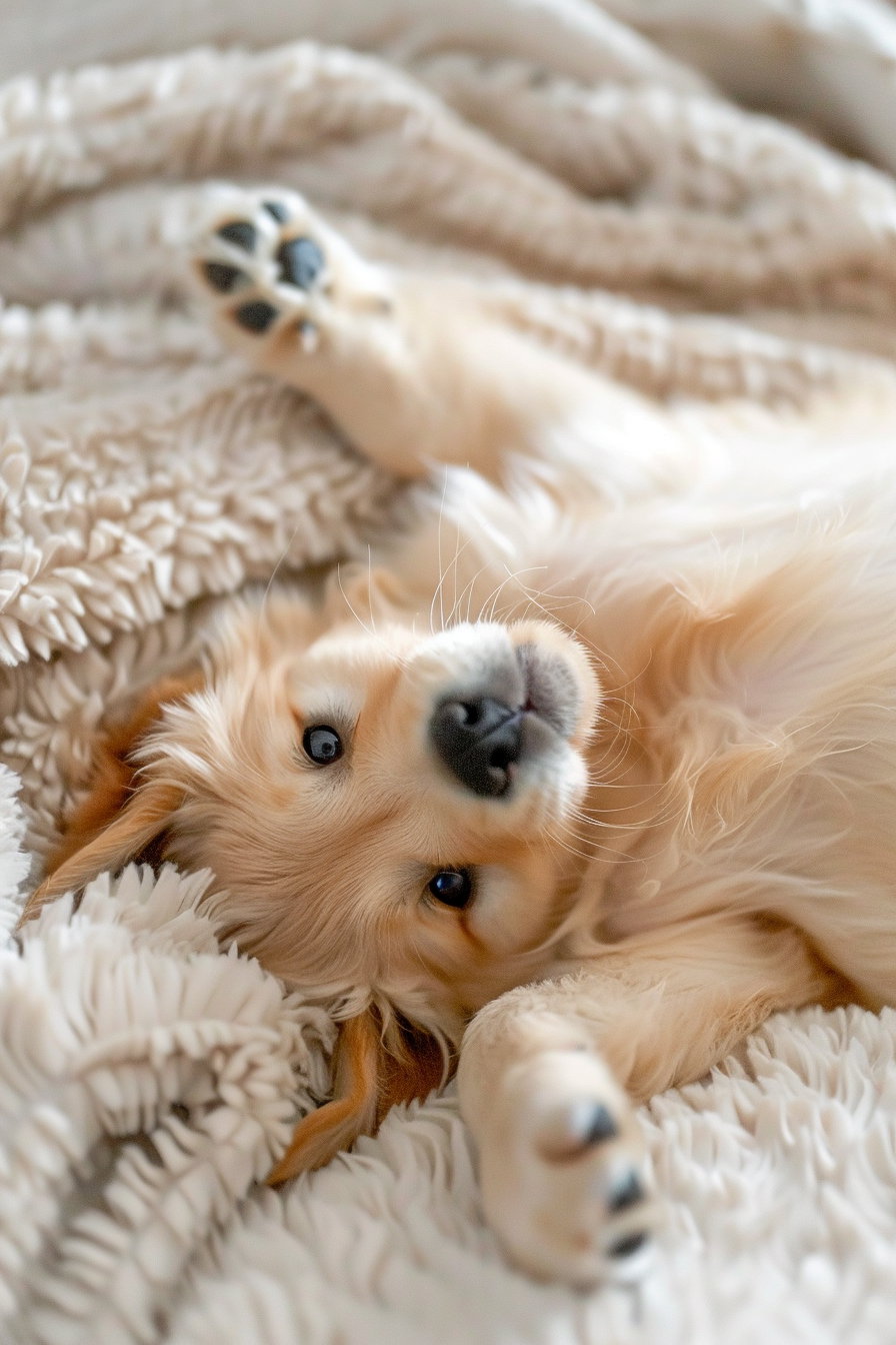 Playful golden retriever puppy lying on back in cozy home