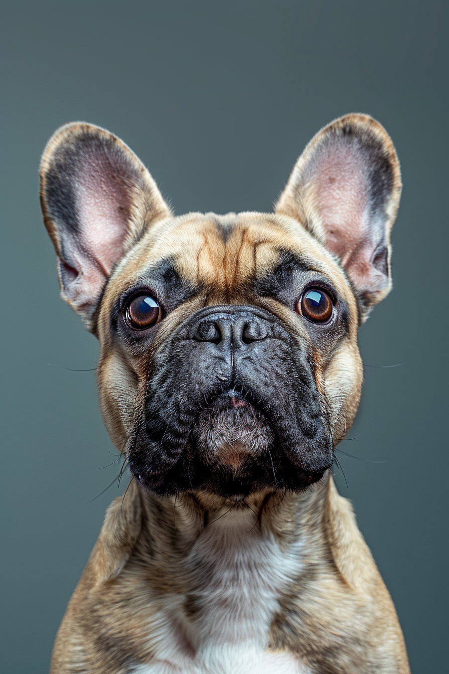 Adorable French bulldog with curious expression in soft lighting