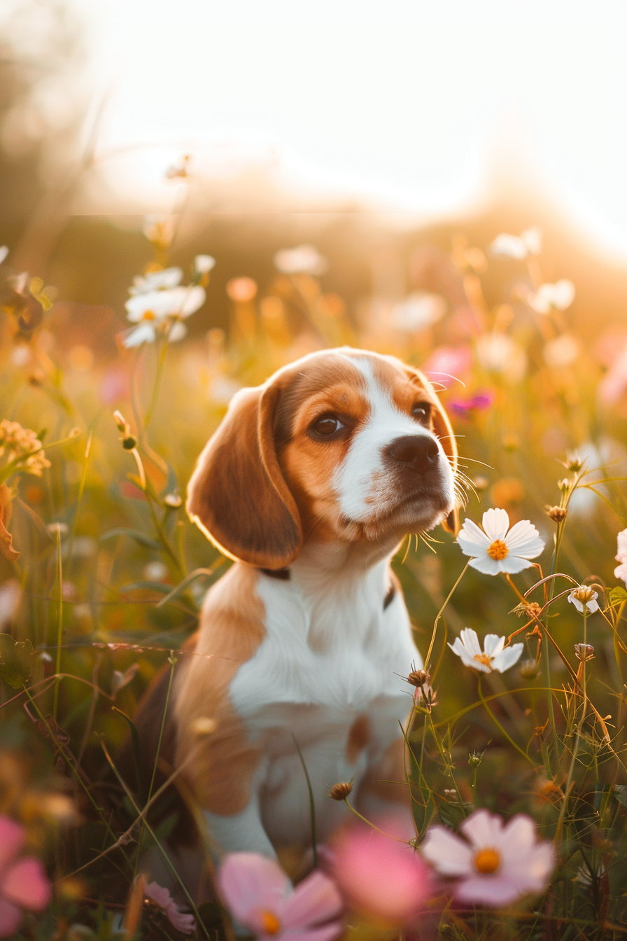 Cute beagle puppy in a flower-filled field at golden hour