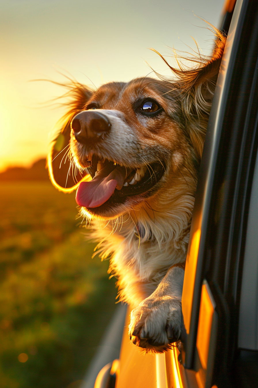 Happy dog with ears flapping out car window at sunset