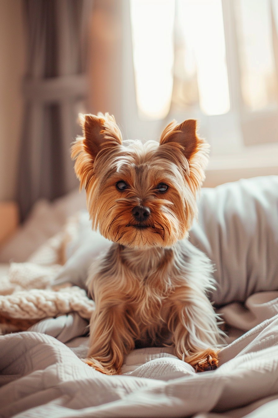 Tiny Yorkshire Terrier on soft pillow in cozy bedroom