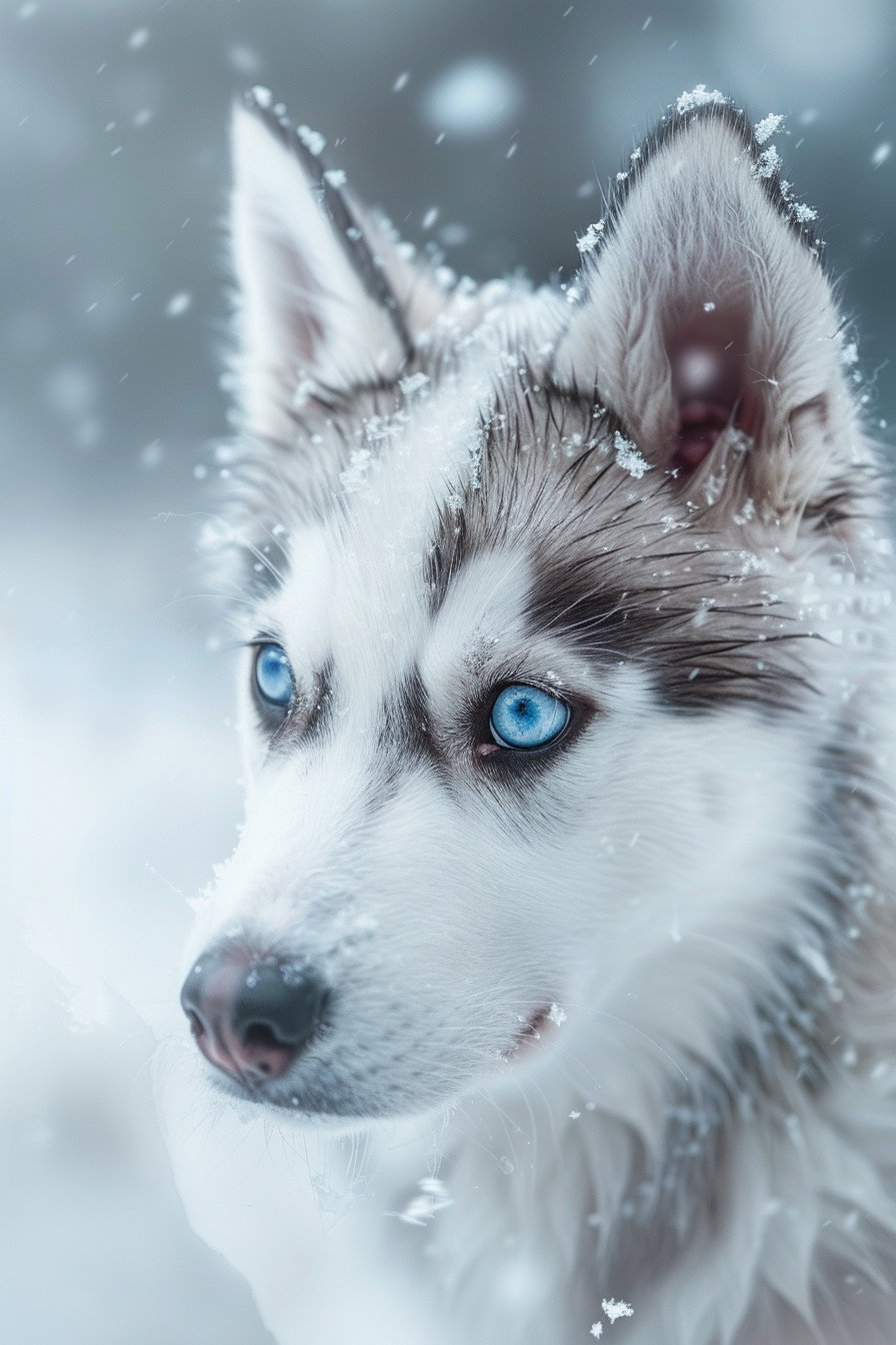Cute husky puppy with blue eyes in snowy landscape