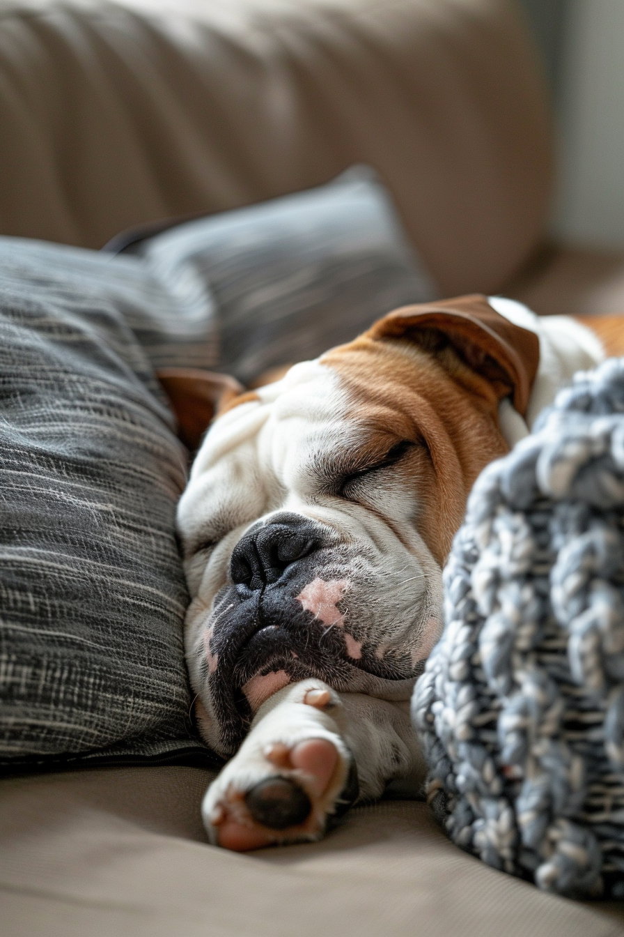Sleepy bulldog lounging on couch in soft afternoon light