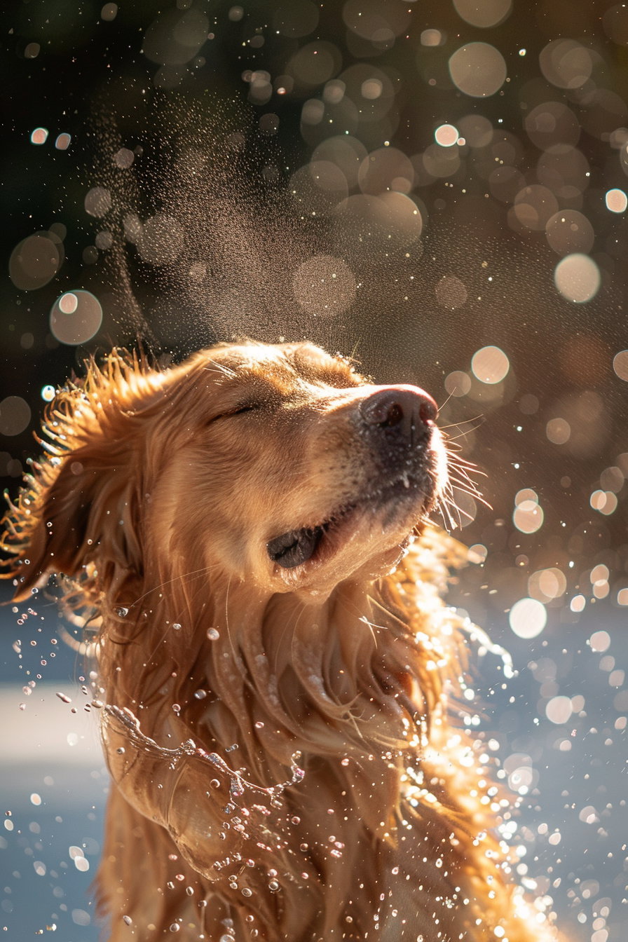 Golden retriever shaking off water in sunlight droplets flying