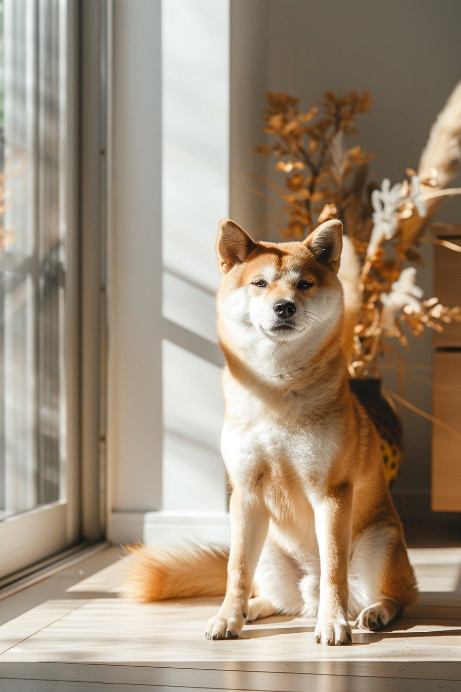 Cute shiba inu in minimalist room with natural light