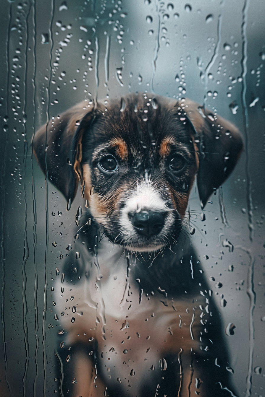 Adorable puppy gazing through rainy window with droplets