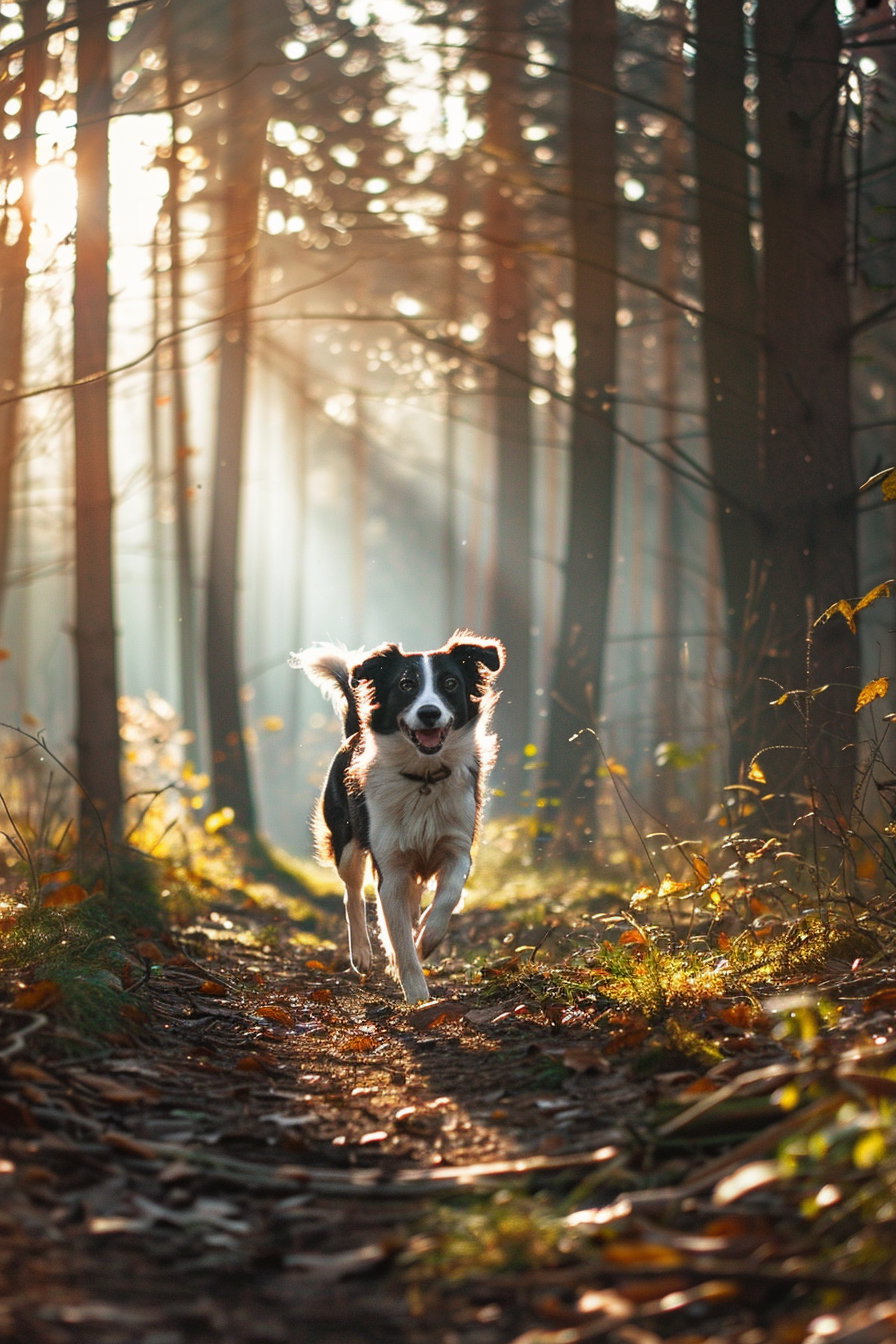 Playful border collie running on forest trail with sunlight rays