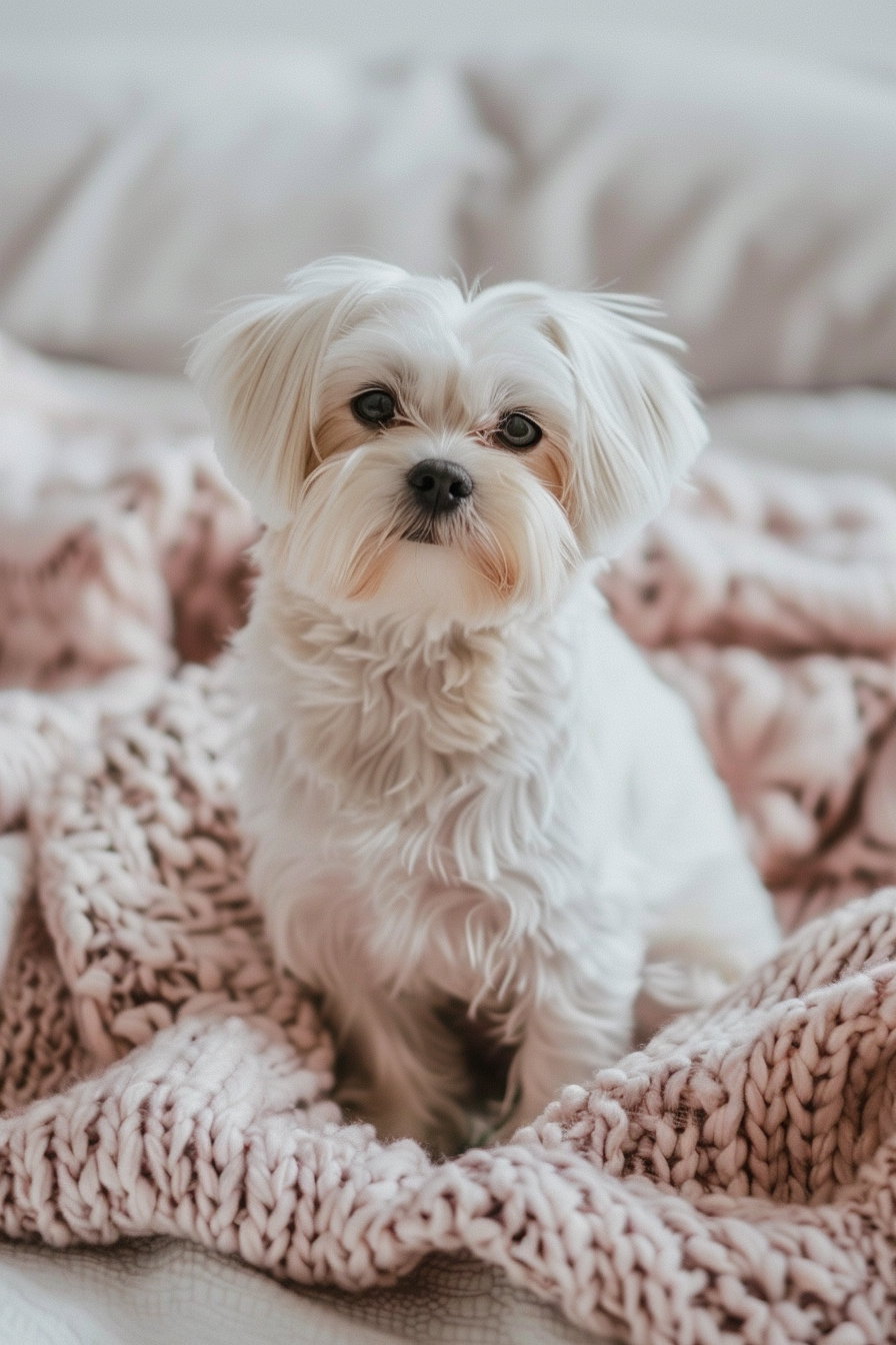 Small white Maltese dog on pastel blanket in soft light
