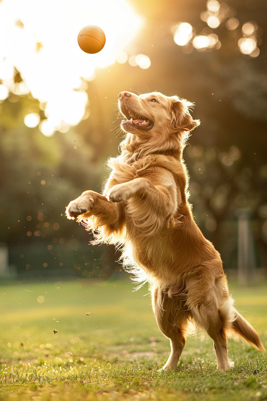 Happy golden retriever catching a ball in bright sunlight