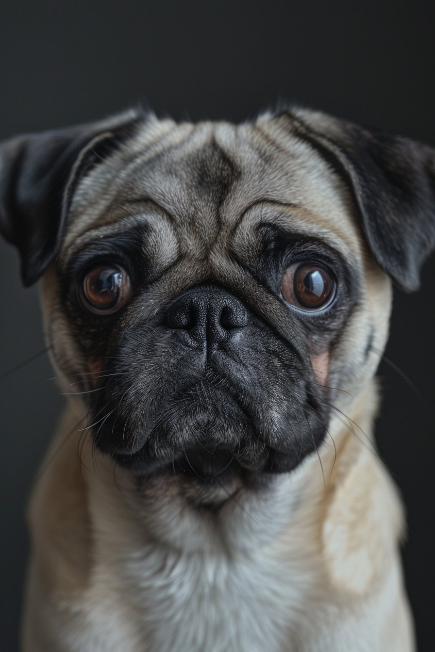 Curious pug with wrinkled face in soft studio lighting