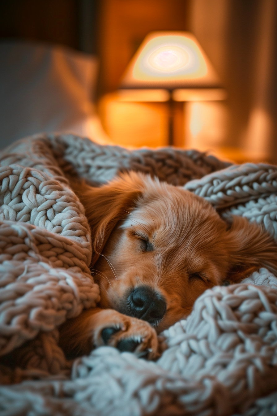 Cute golden retriever puppy sleeping under cozy blanket