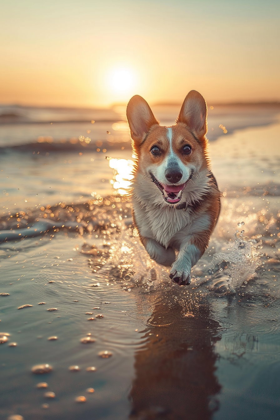Happy corgi running on beach at sunset with splashing waves