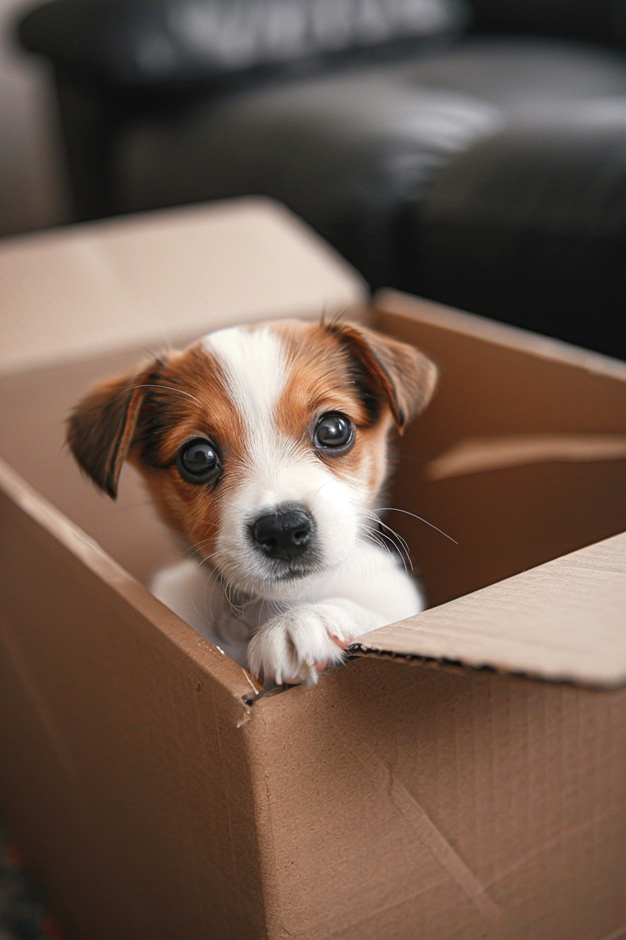 Curious puppy peeking from cardboard box in soft light