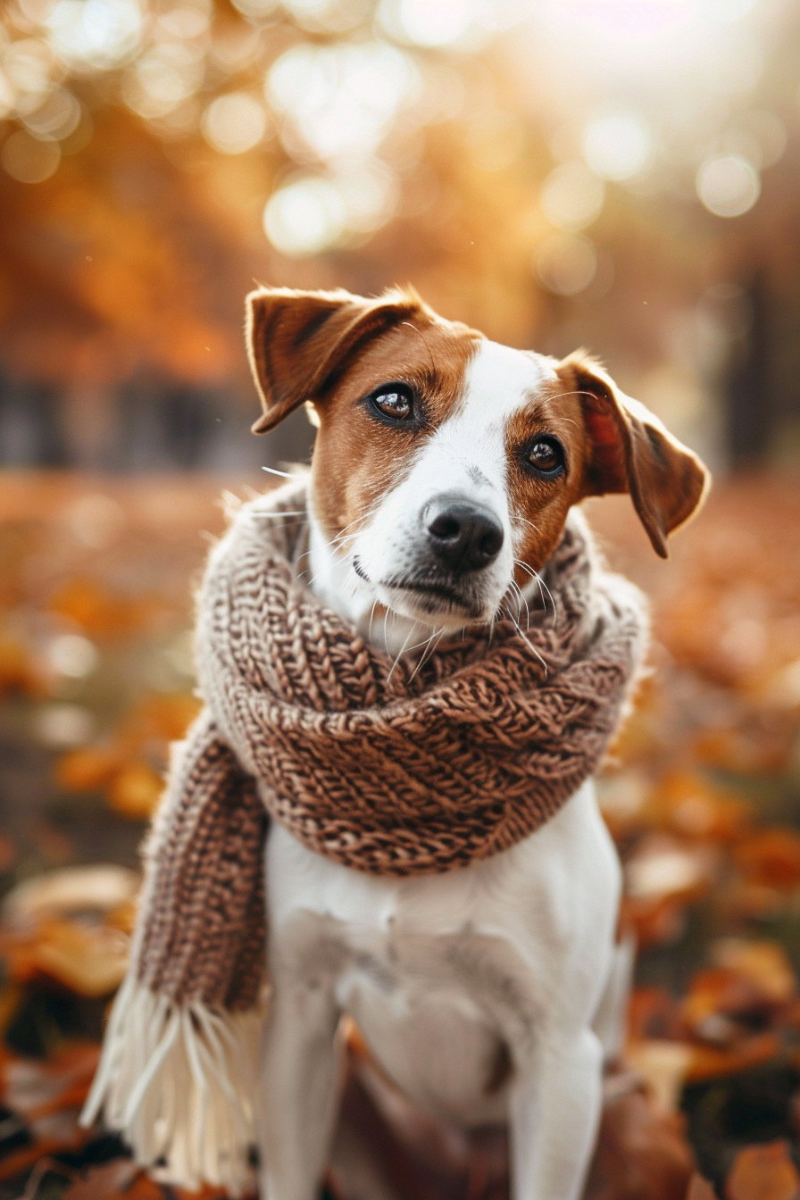 Cute dog in scarf surrounded by autumn leaves