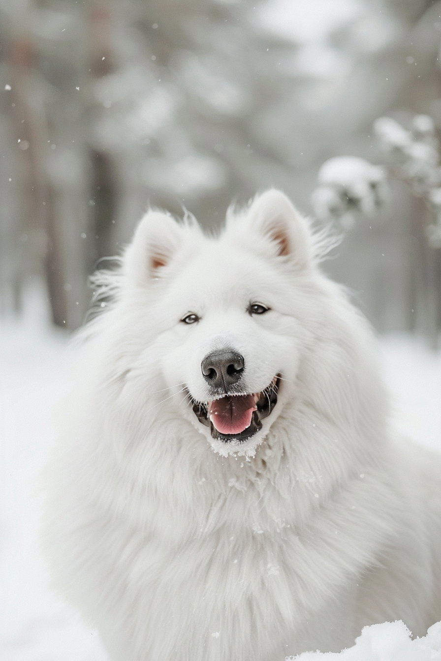 Fluffy Samoyed dog smiling in snowy forest scene
