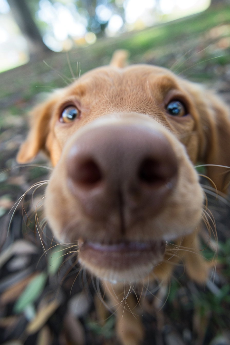 Playful puppy licking camera lens with funny expression