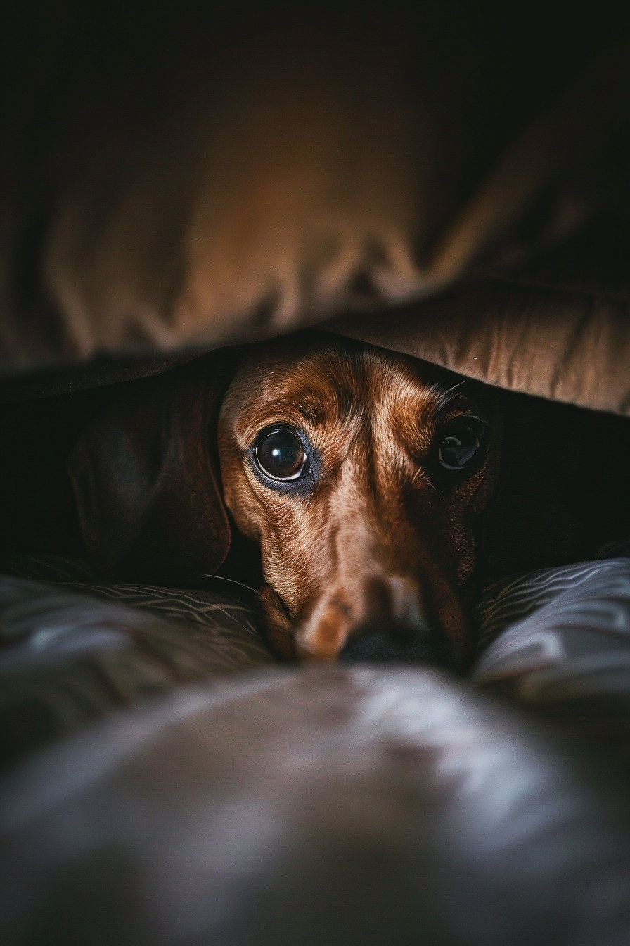 Adorable dachshund peeking under bed with curious eyes