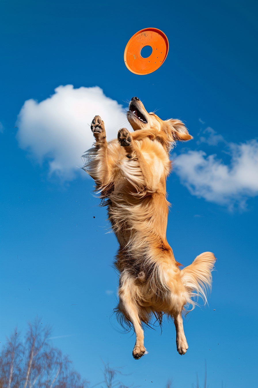 Dog leaping to catch frisbee against blue sky