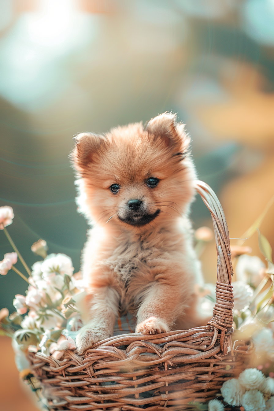 Cute puppy in a flower basket under bright daylight