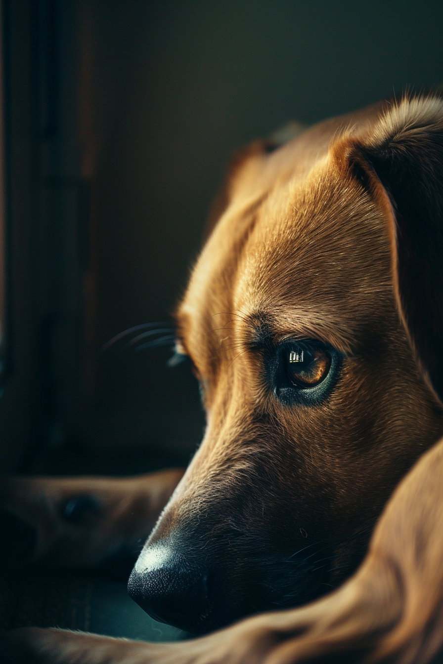 Sad puppy in dim room with soft shadows and expressive eyes