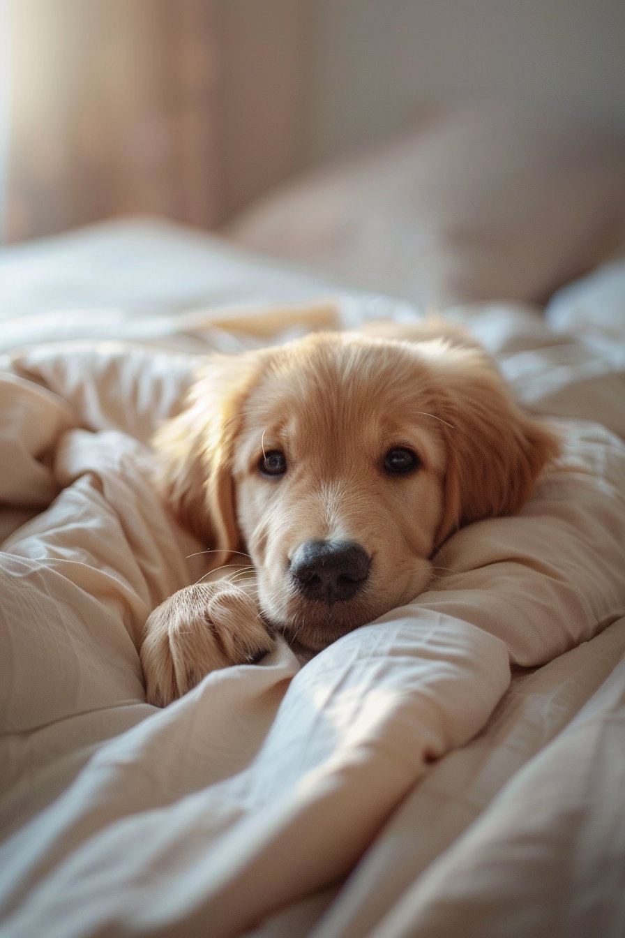 Golden retriever puppy in cozy morning light bedroom