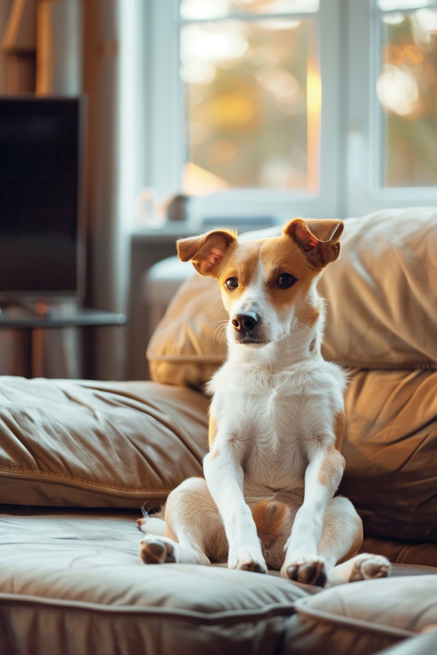 Funny dog sitting like a human on couch watching TV