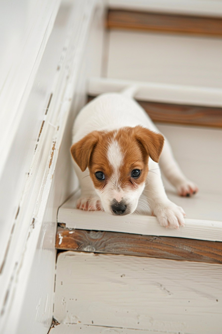 Tiny puppy climbing stairs with a determined expression
