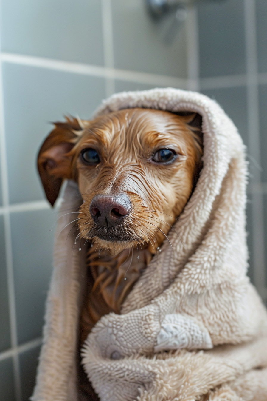 Wet dog wrapped in towel with funny annoyed face