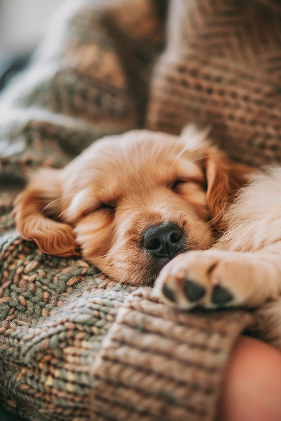 Cute puppy sleeping on owner's chest in warm lighting